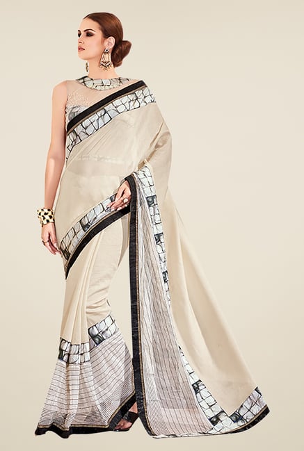 Ishin Beige Poly Silk Printed Saree Ishin Beige Poly Silk Printed Saree