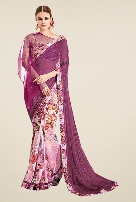Ishin Purple Georgette & Chiffon Printed Saree Ishin Purple Georgette & Chiffon Printed Saree