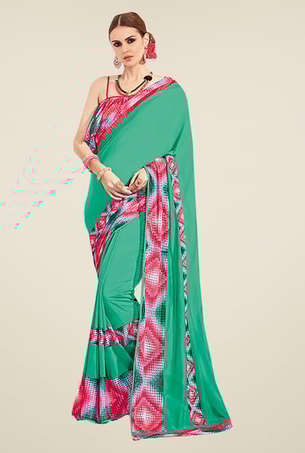 Ishin Green Faux Crepe Printed Saree Ishin Green Faux Crepe Printed Saree