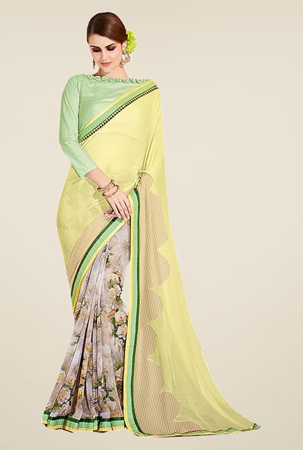 Ishin Yellow & Beige Faux Georgette Floral Print Saree Ishin Yellow & Beige Faux Georgette Floral Print Saree