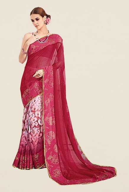 Ishin Red Georgette & Chiffon Floral Print Saree Ishin Red Georgette & Chiffon Floral Print Saree