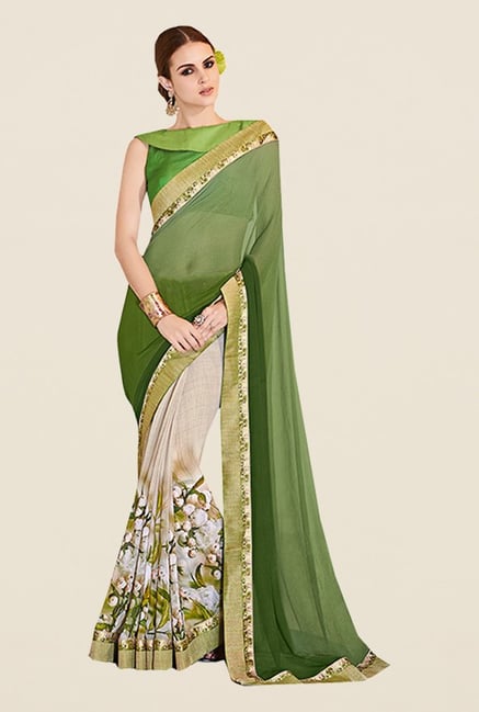 Ishin Green & Beige Faux Georgette Floral Print Saree Ishin Green & Beige Faux Georgette Floral Print Saree