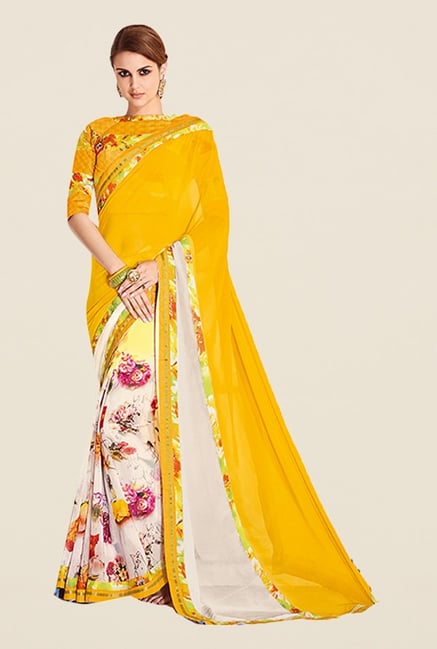 Ishin Yellow & White Faux Georgette Floral Print Saree Ishin Yellow & White Faux Georgette Floral Print Saree