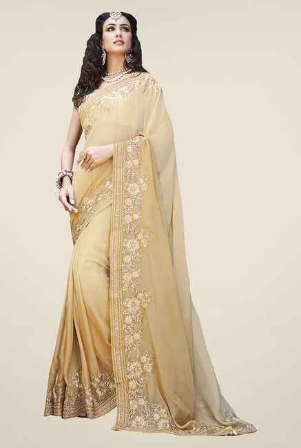 Ishin Beige Faux Georgette Embroidered Saree Ishin Beige Faux Georgette Embroidered Saree