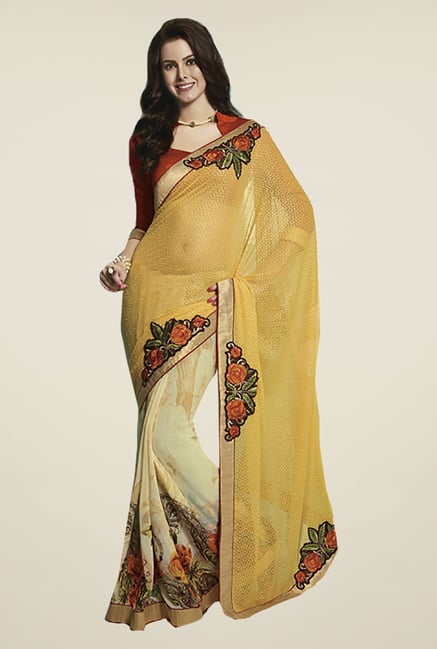 Ishin Beige & Yellow Faux Georgette & Chiffon Saree Ishin Beige & Yellow Faux Georgette & Chiffon Saree