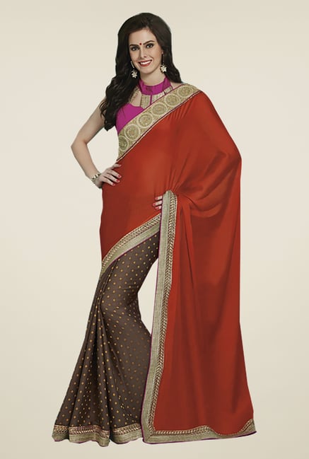 Ishin Brown & Orange Faux Georgette & Chiffon Saree Ishin Brown & Orange Faux Georgette & Chiffon Saree