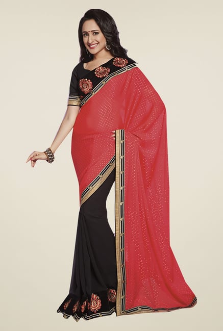 Ishin Black & Red Faux Georgette & Chiffon Saree Ishin Black & Red Faux Georgette & Chiffon Saree