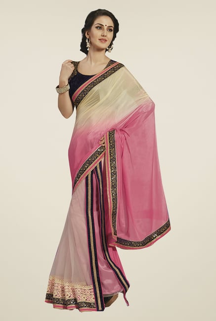 Ishin Pink & Beige Faux Georgette & Chiffon Saree Ishin Pink & Beige Faux Georgette & Chiffon Saree
