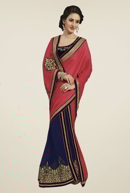 Ishin Blue & Red Faux Georgette & Chiffon Half & Half Saree Ishin Blue & Red Faux Georgette & Chiffon Half & Half Saree