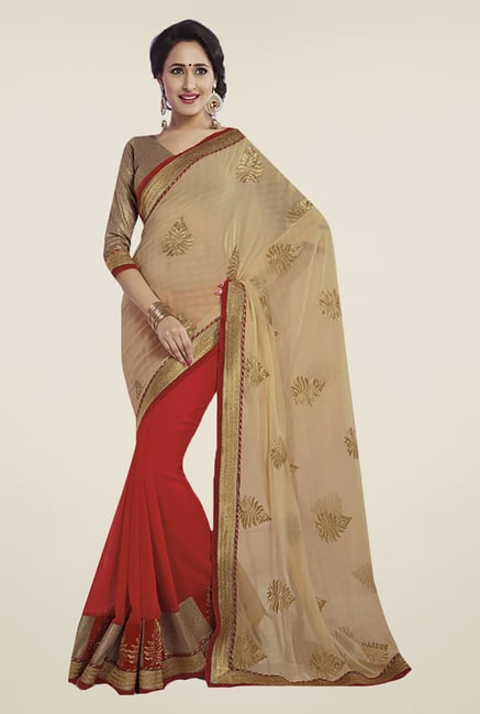 Ishin Beige & Red Faux Georgette & Chiffon Half & Half Saree Ishin Beige & Red Faux Georgette & Chiffon Half & Half Saree
