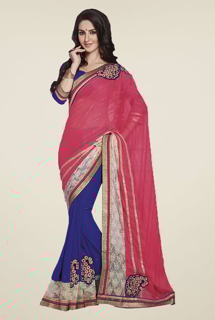 Ishin Blue & Pink Faux Georgette & Chiffon Half & Half Saree Ishin Blue & Pink Faux Georgette & Chiffon Half & Half Saree
