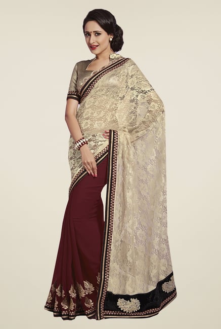 Ishin Brown & Beige Faux Georgette & Chiffon Saree Ishin Brown & Beige Faux Georgette & Chiffon Saree