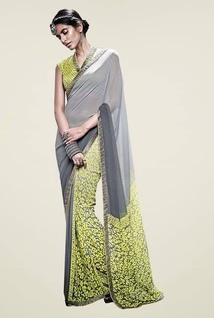 Ishin Grey & Yellow Faux Georgette Printed Saree Ishin Grey & Yellow Faux Georgette Printed Saree