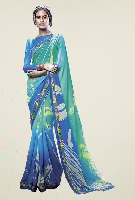 Ishin Blue & Green Faux Georgette Printed Saree Ishin Blue & Green Faux Georgette Printed Saree