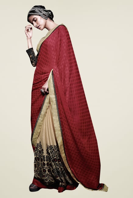 Ishin Red & Beige Jacquard & Georgette Half & Half Saree Ishin Red & Beige Jacquard & Georgette Half & Half Saree
