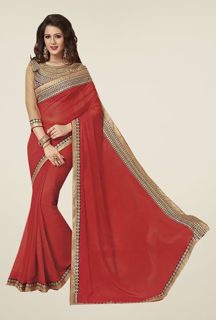 Ishin Red Faux Georgette & Chiffon Saree Ishin Red Faux Georgette & Chiffon Saree