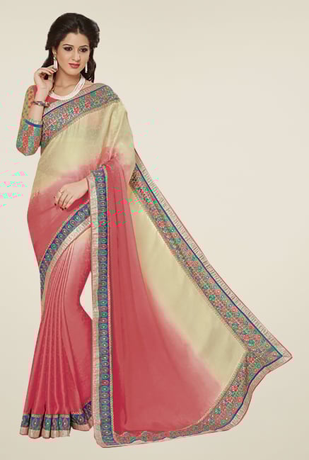 Ishin Pink & Beige Faux Georgette & Chiffon Saree Ishin Pink & Beige Faux Georgette & Chiffon Saree