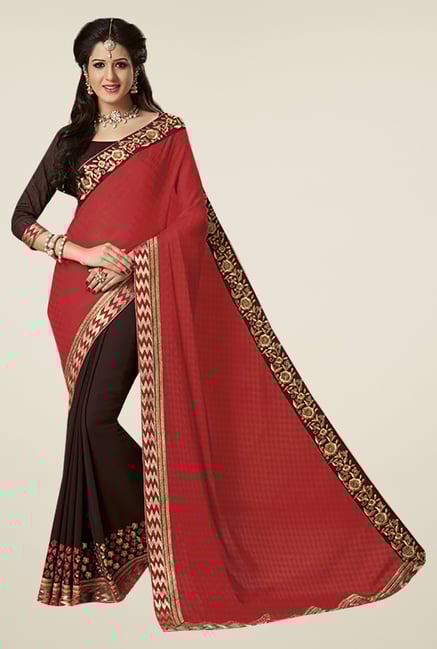 Ishin Brown & Red Faux Georgette & Chiffon Saree Ishin Brown & Red Faux Georgette & Chiffon Saree