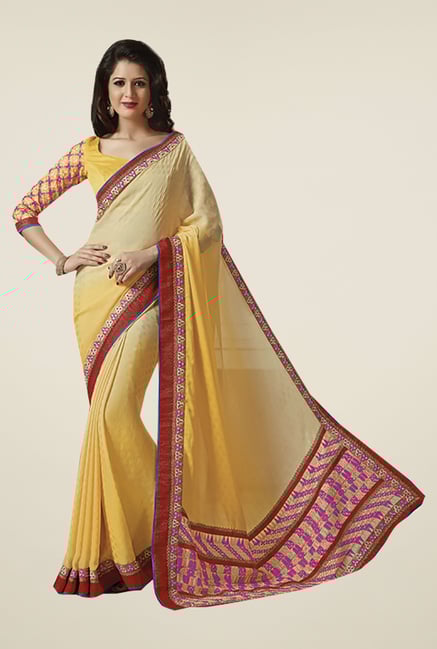 Ishin Yellow & Beige Faux Georgette & Chiffon Saree Ishin Yellow & Beige Faux Georgette & Chiffon Saree