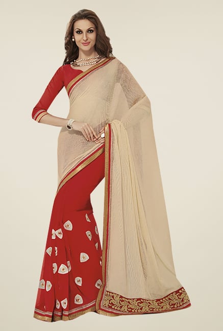 Ishin Red & Beige Faux Georgette & Chiffon Saree Ishin Red & Beige Faux Georgette & Chiffon Saree