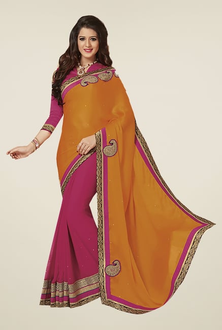 Ishin Pink & Orange Faux Georgette & Chiffon Saree Ishin Pink & Orange Faux Georgette & Chiffon Saree