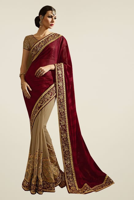 Ishin Beige & Maroon Faux Georgette Saree Ishin Beige & Maroon Faux Georgette Saree