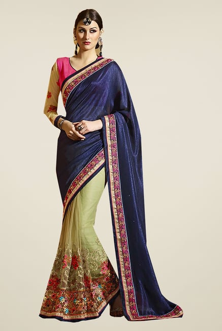 Ishin Beige & Blue Faux Georgette & Net Saree Ishin Beige & Blue Faux Georgette & Net Saree