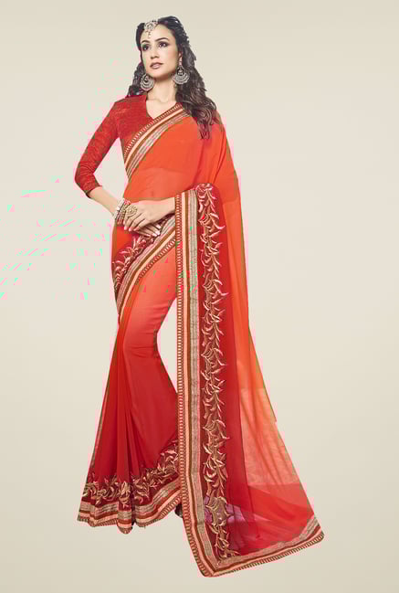 Ishin Red & Orange Faux Georgette Saree Ishin Red & Orange Faux Georgette Saree