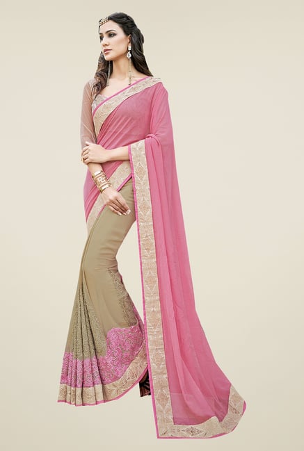 Ishin Beige & Pink Faux Georgette Saree Ishin Beige & Pink Faux Georgette Saree