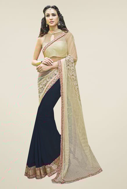Ishin Navy & Beige Georgette & Net Saree Ishin Navy & Beige Georgette & Net Saree