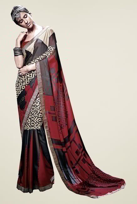 Ishin Black & Red Faux Georgette Printed Saree Ishin Black & Red Faux Georgette Printed Saree