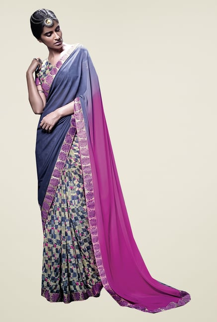 Ishin Blue & Pink Faux Georgette Half & Half Printed Saree Ishin Blue & Pink Faux Georgette Half & Half Printed Saree