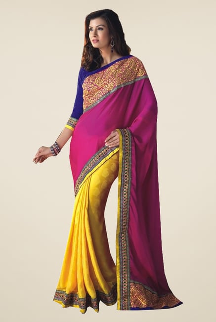 Ishin Yellow & Pink Faux Georgette & Chiffon Saree Ishin Yellow & Pink Faux Georgette & Chiffon Saree