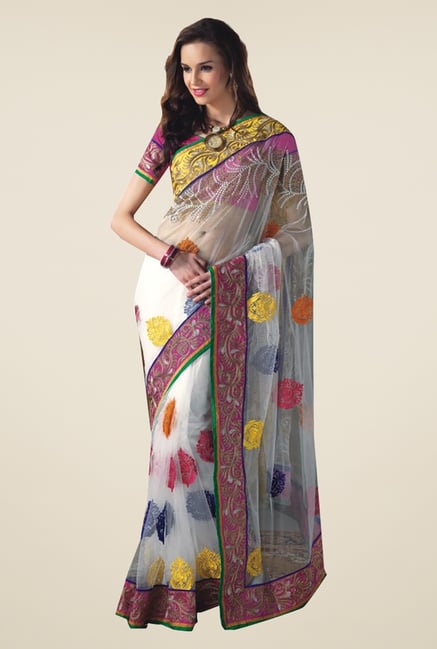 Ishin White Faux Georgette & Chiffon Saree Ishin White Faux Georgette & Chiffon Saree