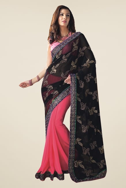 Ishin Pink & Black Faux Georgette & Chiffon Saree Ishin Pink & Black Faux Georgette & Chiffon Saree