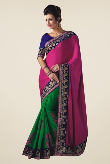 Ishin Green & Pink Faux Georgette & Chiffon Saree Ishin Green & Pink Faux Georgette & Chiffon Saree