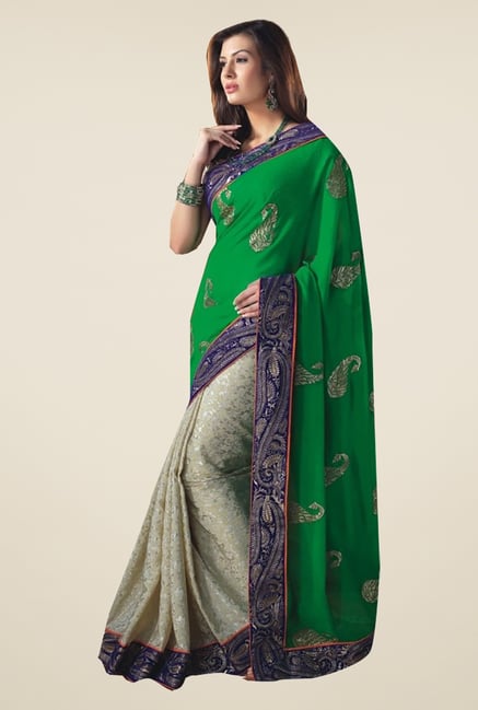 Ishin Beige & Green Faux Georgette & Chiffon Saree Ishin Beige & Green Faux Georgette & Chiffon Saree