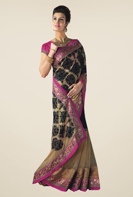 Ishin Beige & Black Faux Georgette & Chiffon Saree Ishin Beige & Black Faux Georgette & Chiffon Saree