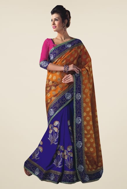 Ishin Blue & Orange Faux Georgette & Chiffon Saree Ishin Blue & Orange Faux Georgette & Chiffon Saree