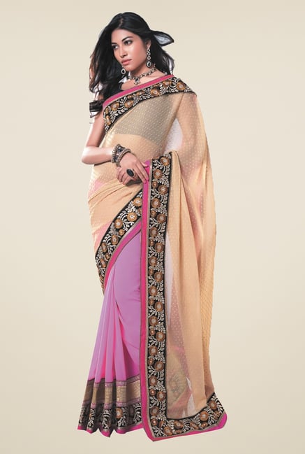 Ishin Pink & Beige Faux Georgette & Chiffon Saree Ishin Pink & Beige Faux Georgette & Chiffon Saree