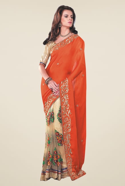 Ishin Beige & Orange Faux Georgette & Chiffon Saree Ishin Beige & Orange Faux Georgette & Chiffon Saree