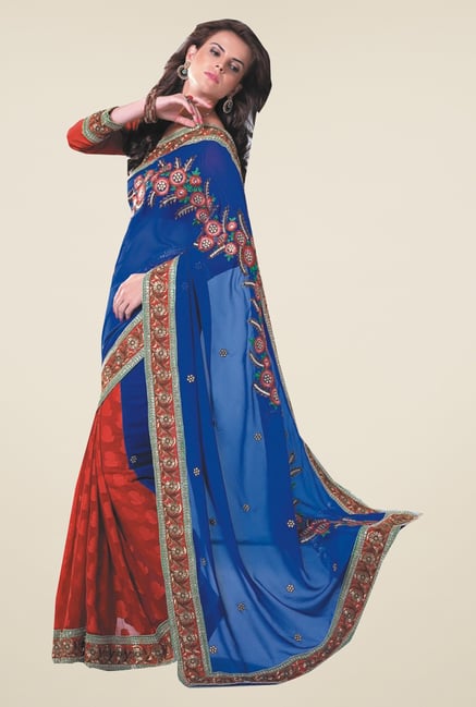 Ishin Red & Blue Faux Georgette & Chiffon Half & Half Saree Ishin Red & Blue Faux Georgette & Chiffon Half & Half Saree