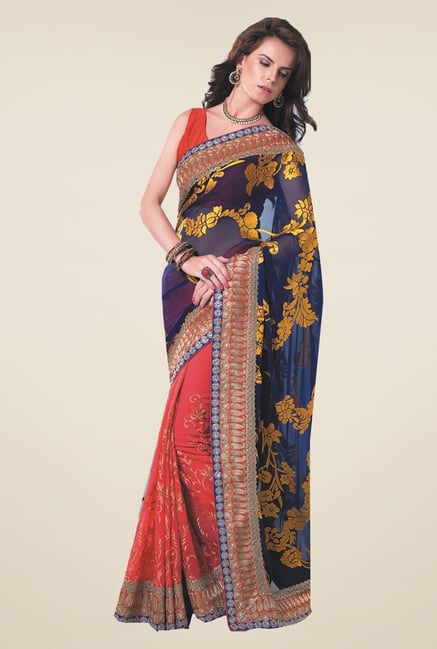 Ishin Red & Navy Faux Georgette & Chiffon Half & Half Saree Ishin Red & Navy Faux Georgette & Chiffon Half & Half Saree