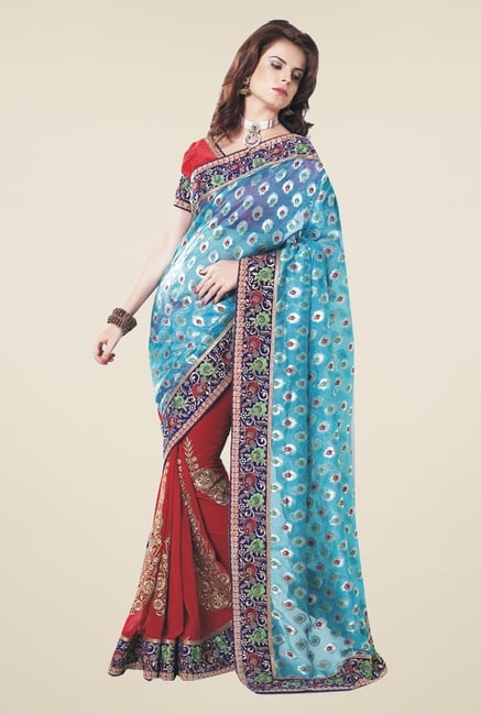 Ishin Red & Blue Faux Georgette & Chiffon Half & Half Saree Ishin Red & Blue Faux Georgette & Chiffon Half & Half Saree