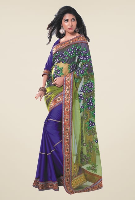 Ishin Blue & Green Faux Georgette & Chiffon Saree Ishin Blue & Green Faux Georgette & Chiffon Saree