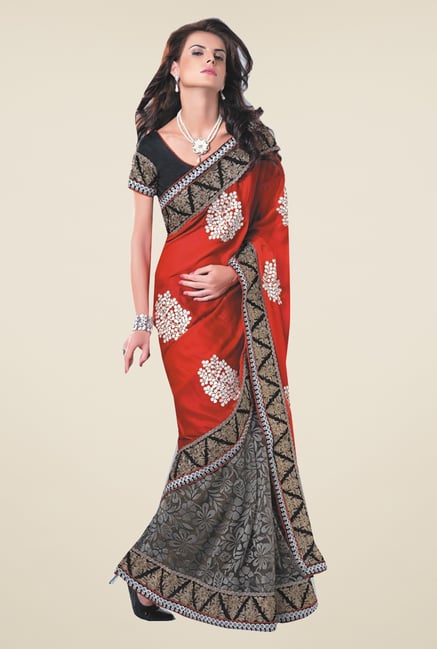 Ishin Black & Red Faux Georgette & Chiffon Half & Half Saree Ishin Black & Red Faux Georgette & Chiffon Half & Half Saree
