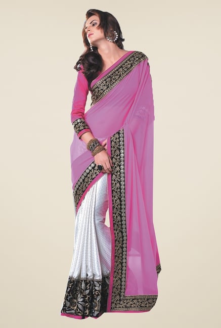 Ishin White & Pink Faux Georgette & Chiffon Saree Ishin White & Pink Faux Georgette & Chiffon Saree