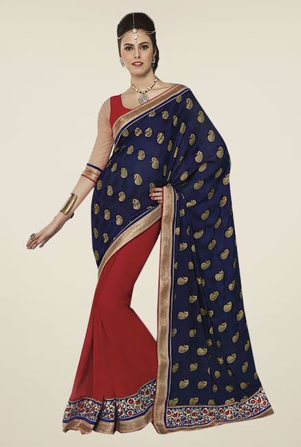 Ishin Red & Navy Faux Georgette & Chiffon Saree Ishin Red & Navy Faux Georgette & Chiffon Saree