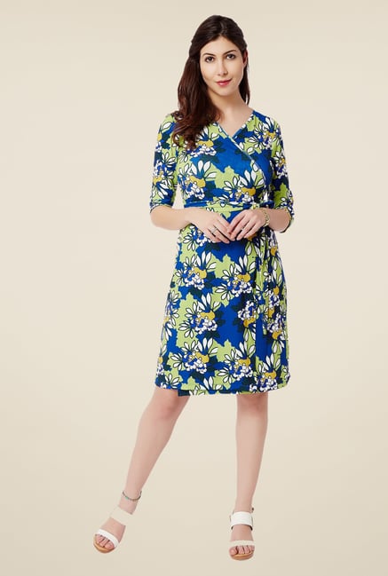 Avirate Blue Floral Print Wrap Dress Avirate Blue Floral Print Wrap Dress