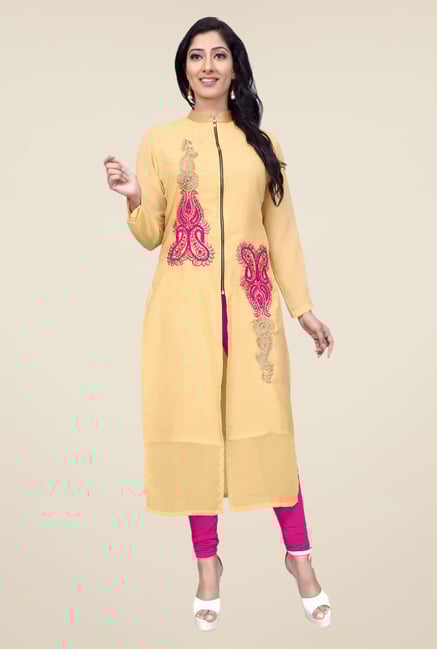 Occeanus Beige Embroidered Band Neck Kurta Occeanus Beige Embroidered Band Neck Kurta